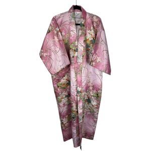 MITSUKIKU Pink Floral Print Kimono Robe Japan Oriental Asian Long Vintage Satin